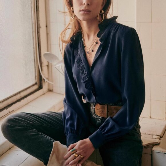 Sezane Chlo Silk Shirt Blouse Navy Blue French Top Lace Classic Causal - Picture 1 of 12